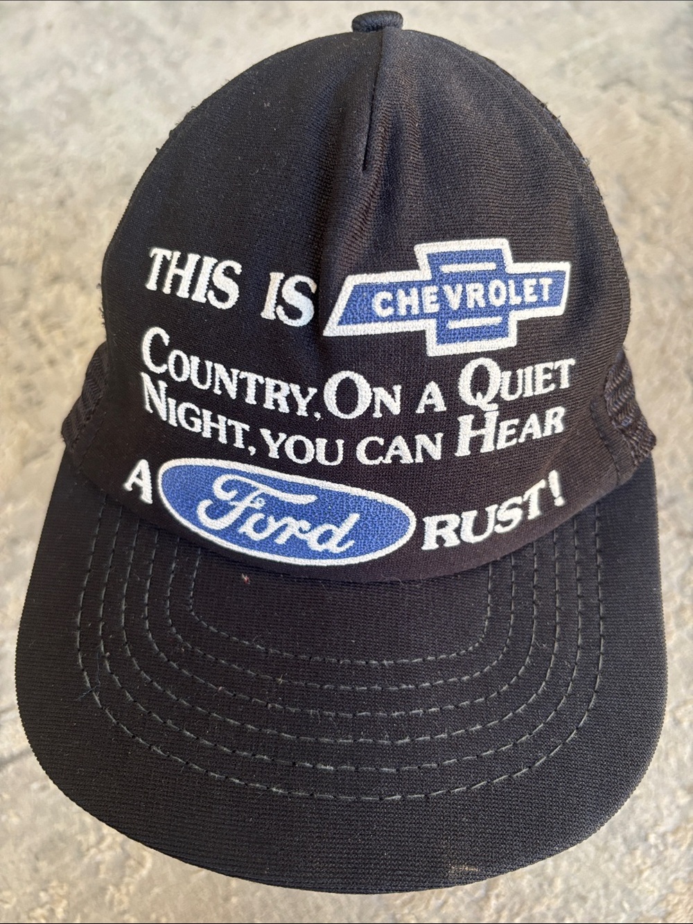 VINTAGE 90s Black Trucker Hat with Chevrolet and Ford Embroidered Logos